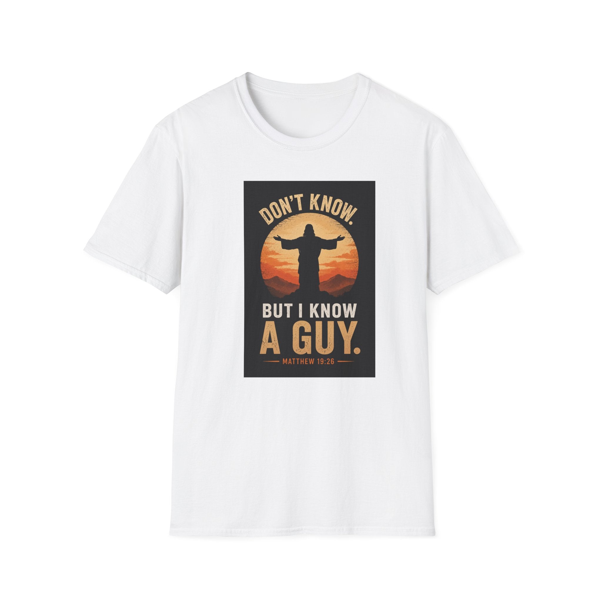 T‑Shirt — "Don't Know But I Know A Guy" Retro Sunset Christian Tee